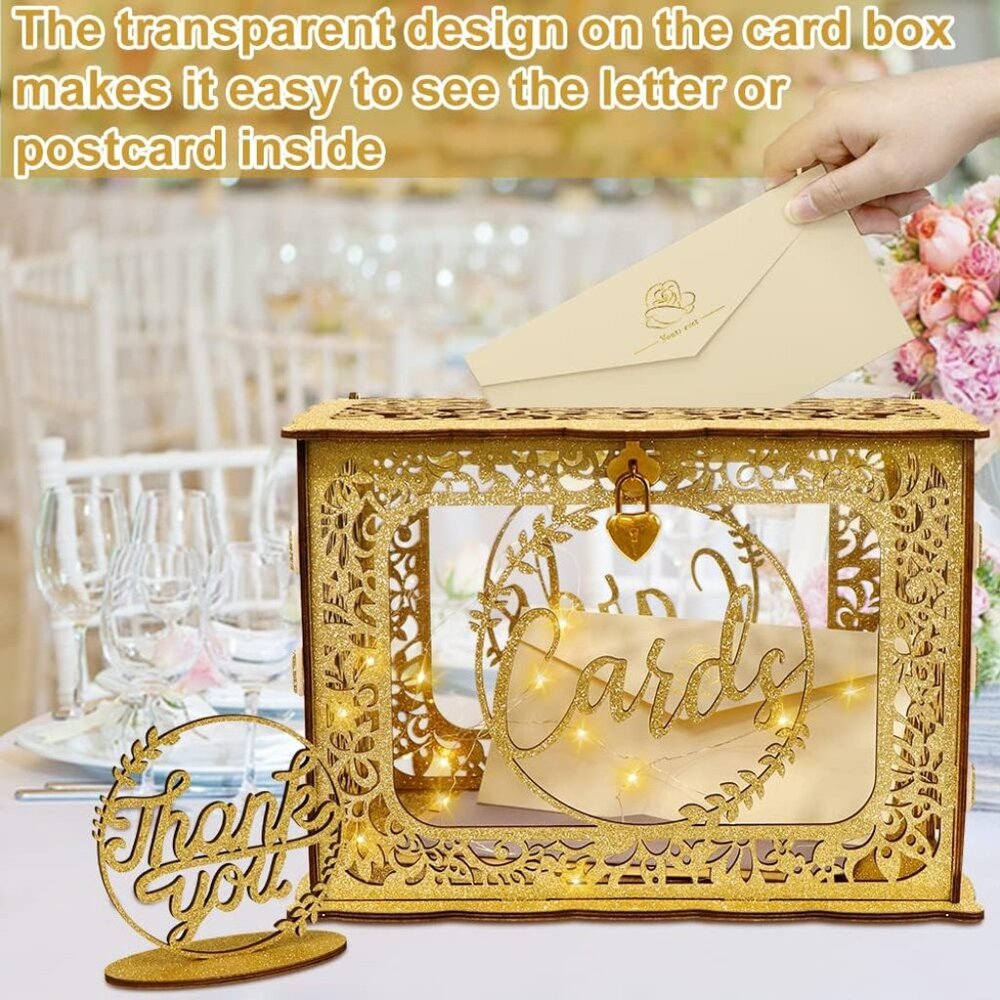 Gold Card Box for Wedding, Glitter Wooden Wedding Card Box with Heart Lock and S - Picture 4 of 6